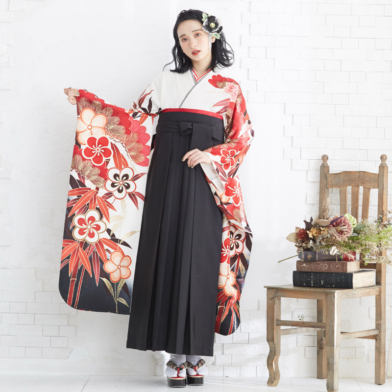 振袖袴： R1084 白 松竹梅☆(絹)│ 袴レンタル │ 京都着物レンタル夢館