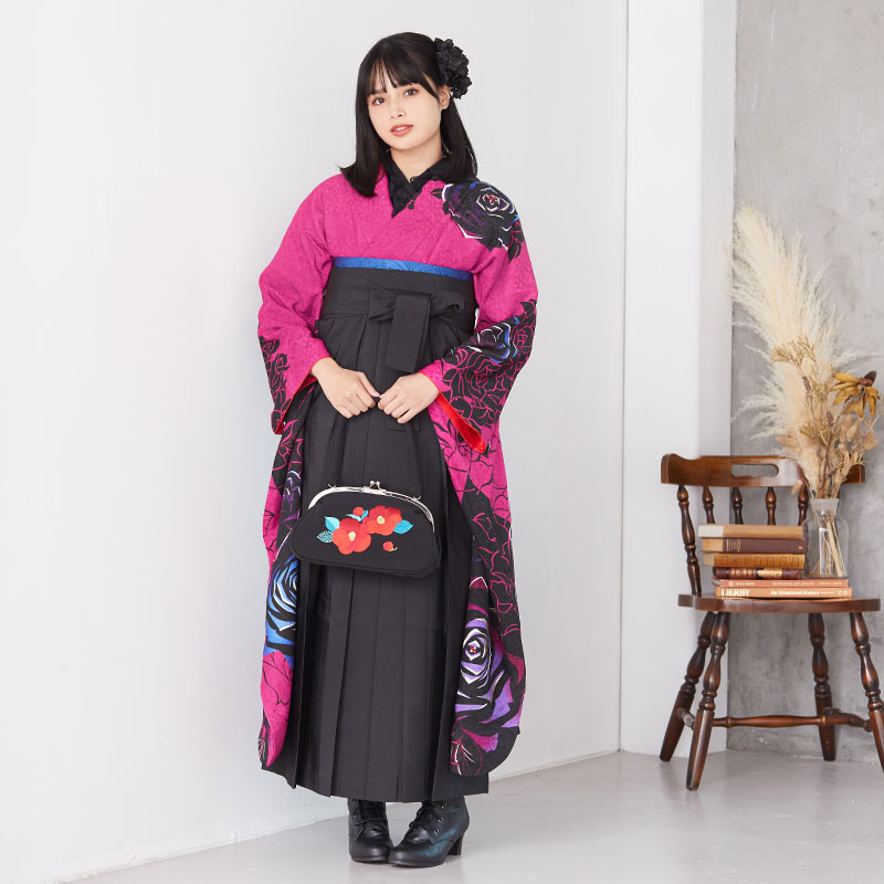 振袖袴： R1140 ローズピンク 薔薇│ 袴レンタル │ 京都着物レンタル夢館