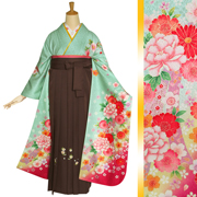 振袖 正絹 小柄サイズ 淡色 牡丹 150〜158cm 成人式 前撮り 袴コーデ 振袖袴： R1158 ミントグリーン 桜牡丹に毬☆(絹)(宅)│ 袴レンタル