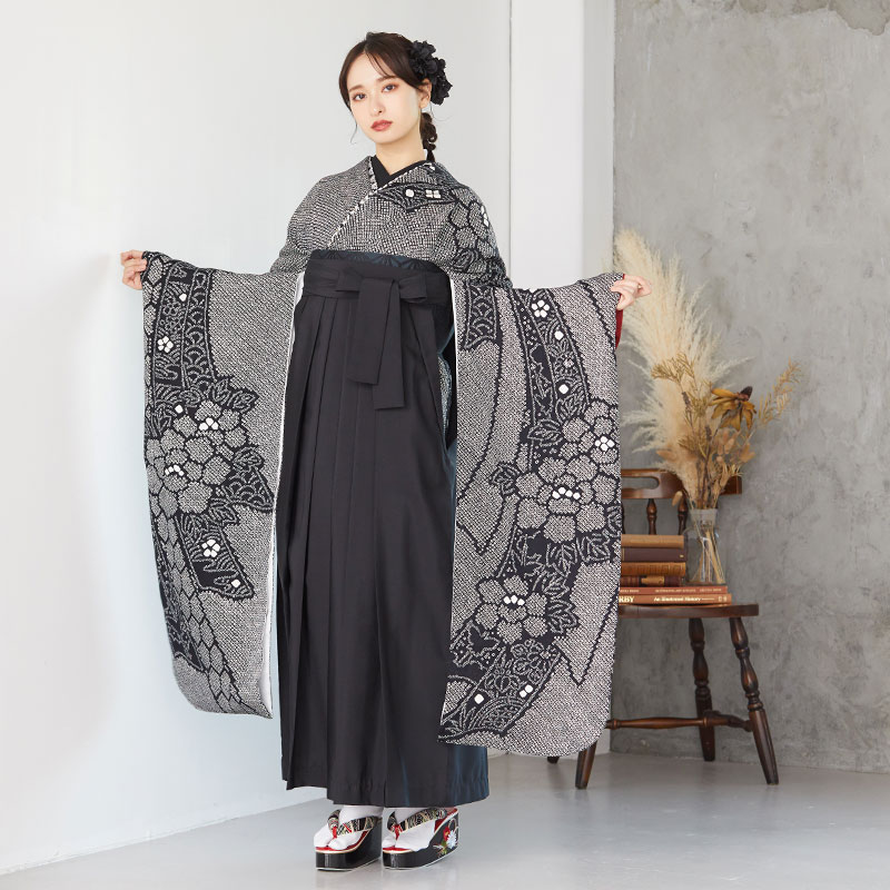 振袖袴： R1196 黒 絞り 熨斗に牡丹☆(絹)(宅)│ 袴レンタル │ 京都