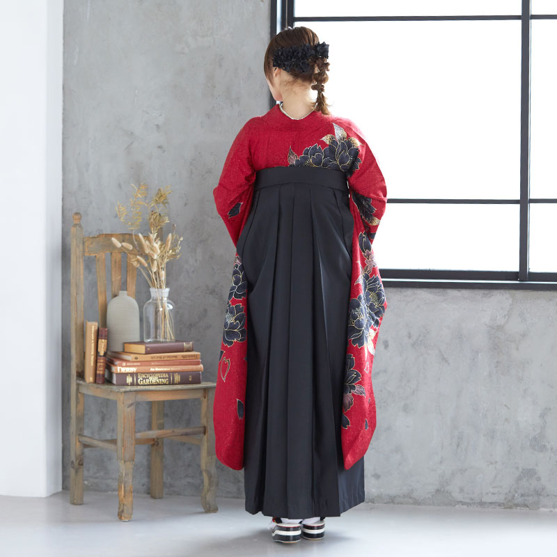 振袖袴： R1328 赤 黒牡丹☆(絹)(宅)│ 袴レンタル │ 京都着物