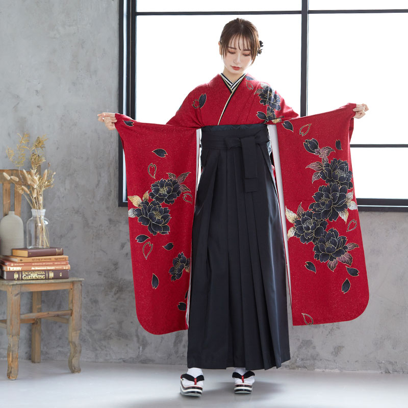 振袖袴： R1328 赤 黒牡丹☆(絹)(宅)│ 袴レンタル │ 京都着物