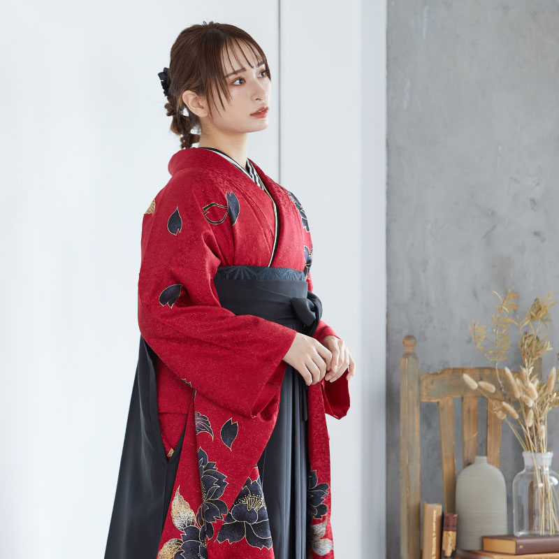 振袖袴： R1328 赤 黒牡丹☆(絹)(宅)│ 袴レンタル │ 京都着物
