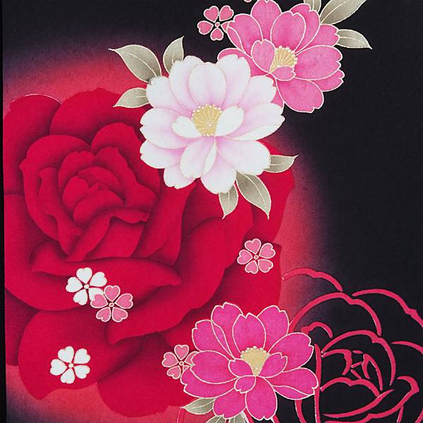 振袖袴： R1345 黒赤 薔薇に桜☆(絹)│ 袴レンタル │ 京都着物