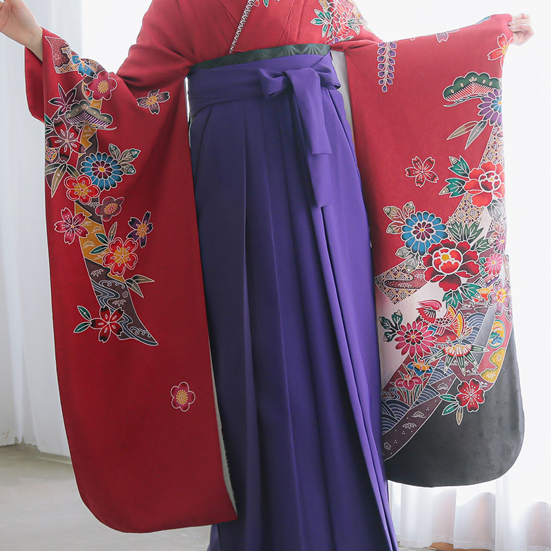 振袖袴： R1362 赤 紅型風 花熨斗鴛鴦☆(絹)│ 袴レンタル