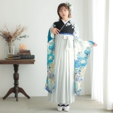 振袖袴： R1497 白×黒 青い花☆（絹）│ 袴レンタル │ 京都着物
