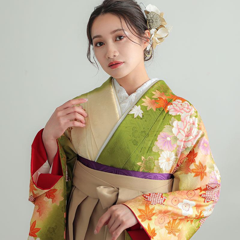 振袖袴： R1529 黄緑 牡丹に鼓(絹)│ 袴レンタル │ 京都着物レンタル夢館