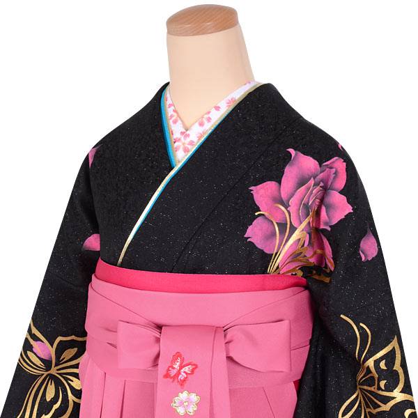 振袖袴： R1617 黒 バラに蝶☆（絹）│ 袴レンタル │ 京都着物