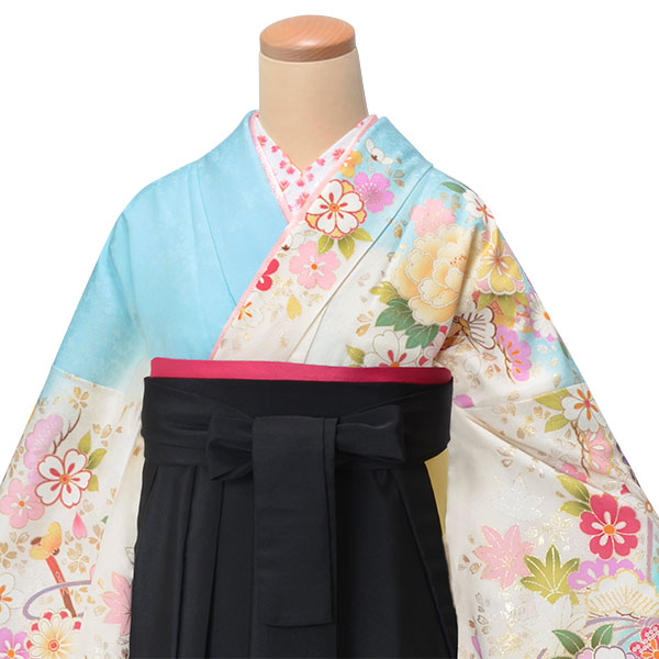 振袖袴： R1825 水色 几帳に花々☆（絹）│ 袴レンタル │ 京都