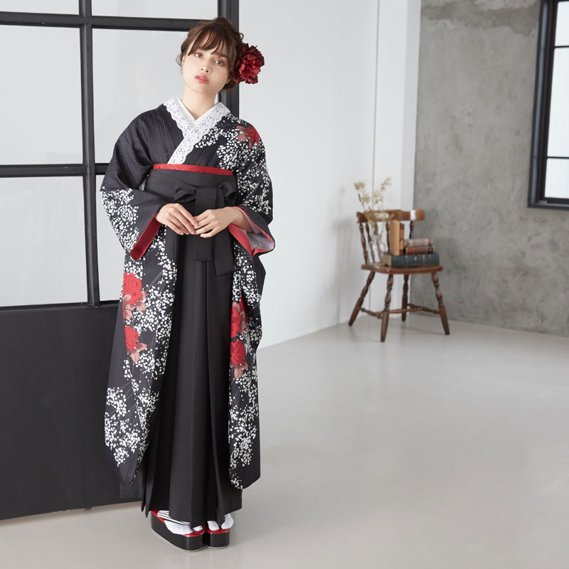 振袖袴： R183 黒 深紅の薔薇とかすみ草│ 袴レンタル │ 京都着物