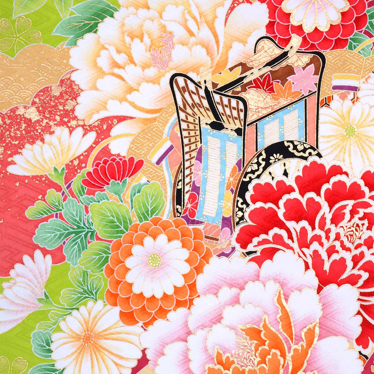 正絹　糸巻、花笠、橘振袖 振袖袴： R1876 黄緑 平安朝 御簾に松牡丹☆(絹)(R1676)│ 袴レンタル