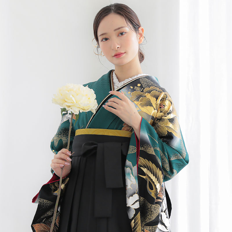 振袖袴： 桂由美R1983深緑 牡丹に流水と鶴│ 袴レンタル │ 京都着物