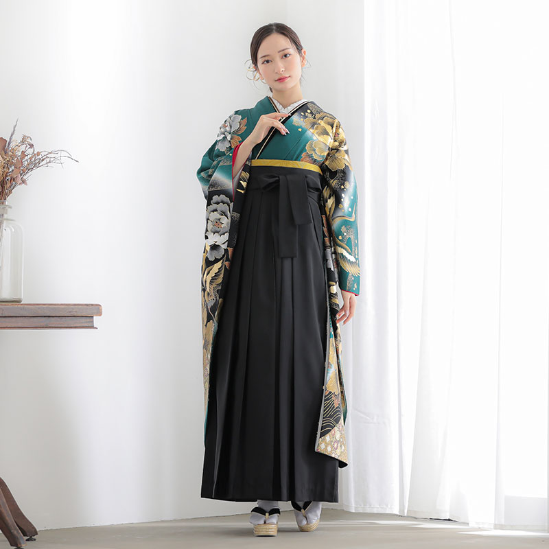振袖袴： 桂由美R1983深緑 牡丹に流水と鶴│ 袴レンタル │ 京都着物