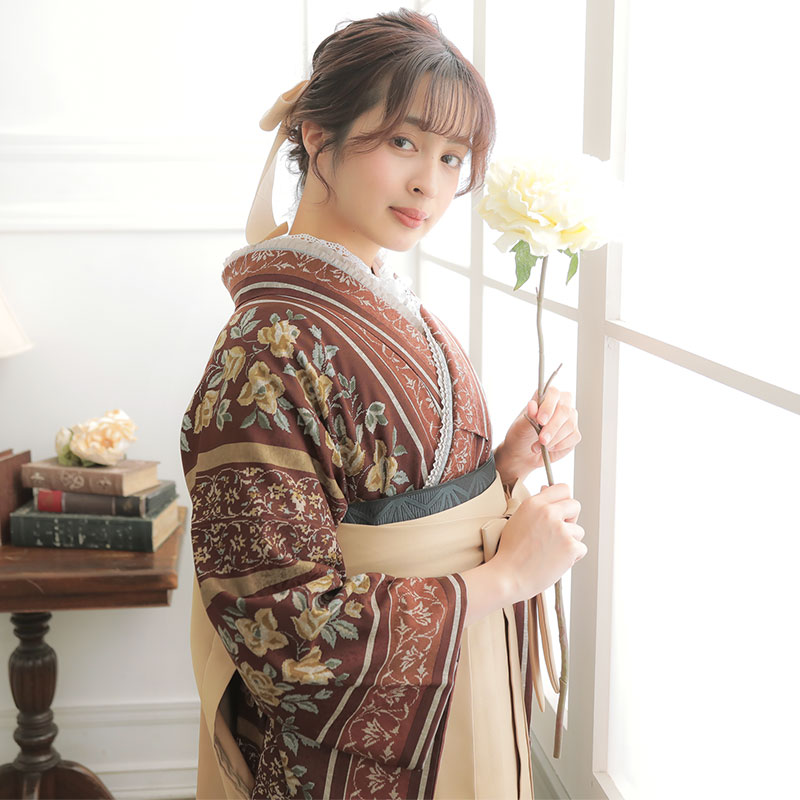 振袖袴： 和風館R2033ブラウン ゴブラン織調薔薇│ 袴レンタル │ 京都