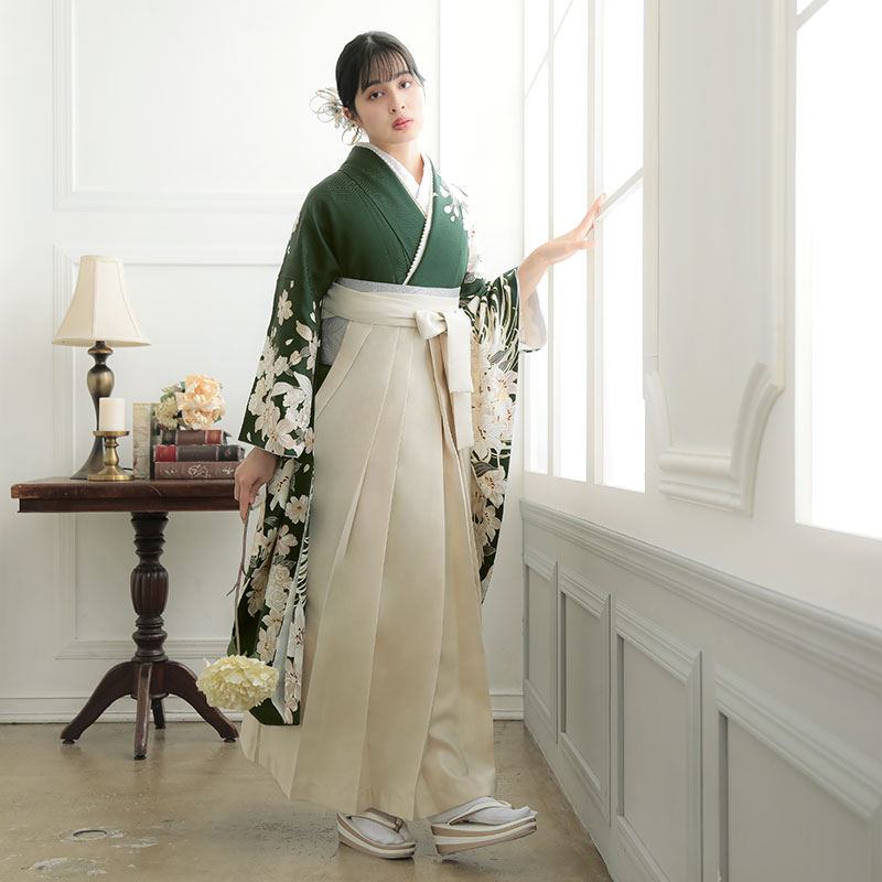 振袖袴： 東京レトロR2039深緑 百合に乱菊│ 袴レンタル │ 京都着物