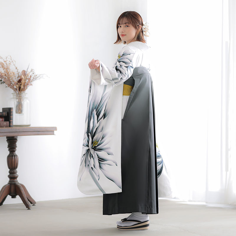 振袖袴： R2048白 月下美人│ 袴レンタル │ 京都着物レンタル夢館