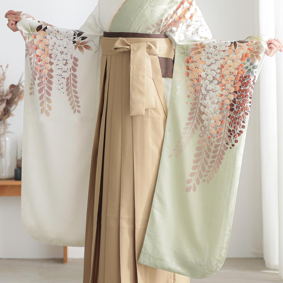 振袖袴： R2057モスグリーンx白 藤花│ 袴レンタル │ 京都着物