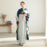 振袖　水色系　牡丹　菊　扇　正絹 振袖水色系牡丹菊扇正絹