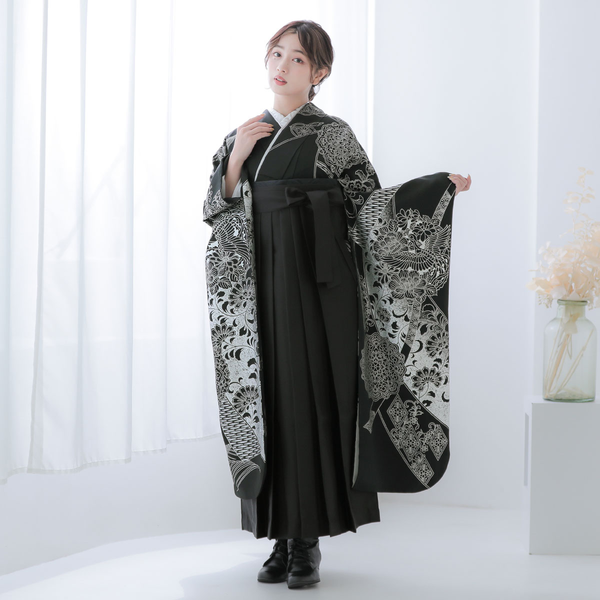 振袖袴： R2115黒 銀箔華文鳳凰│ 袴レンタル │ 京都着物レンタル夢館