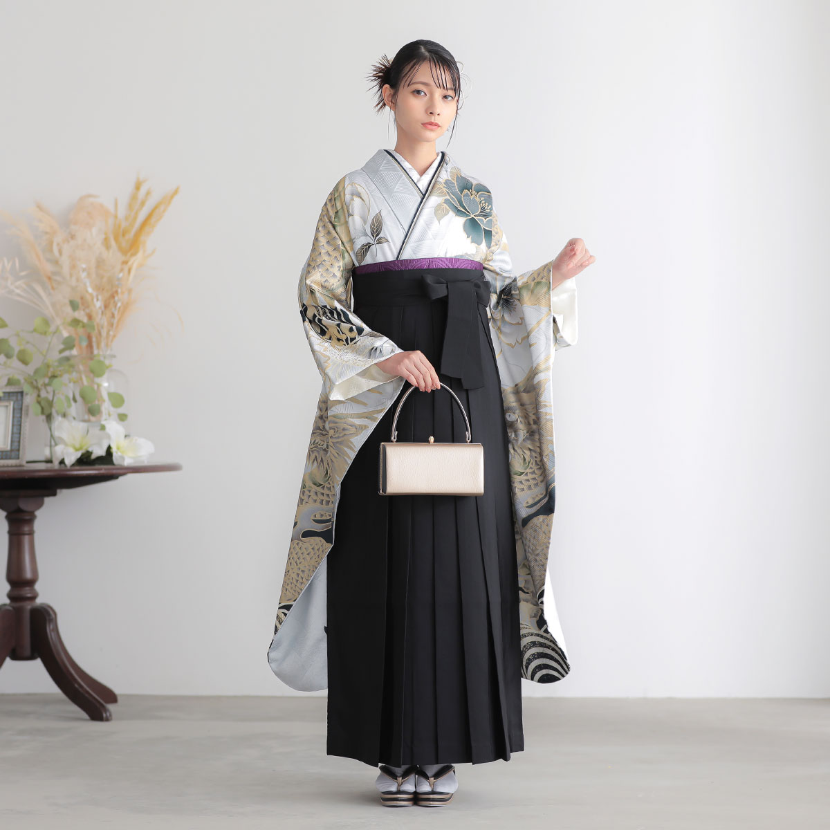 振袖袴： PreciousR2177白灰 桜に龍と荒波│ 袴レンタル │ 京都