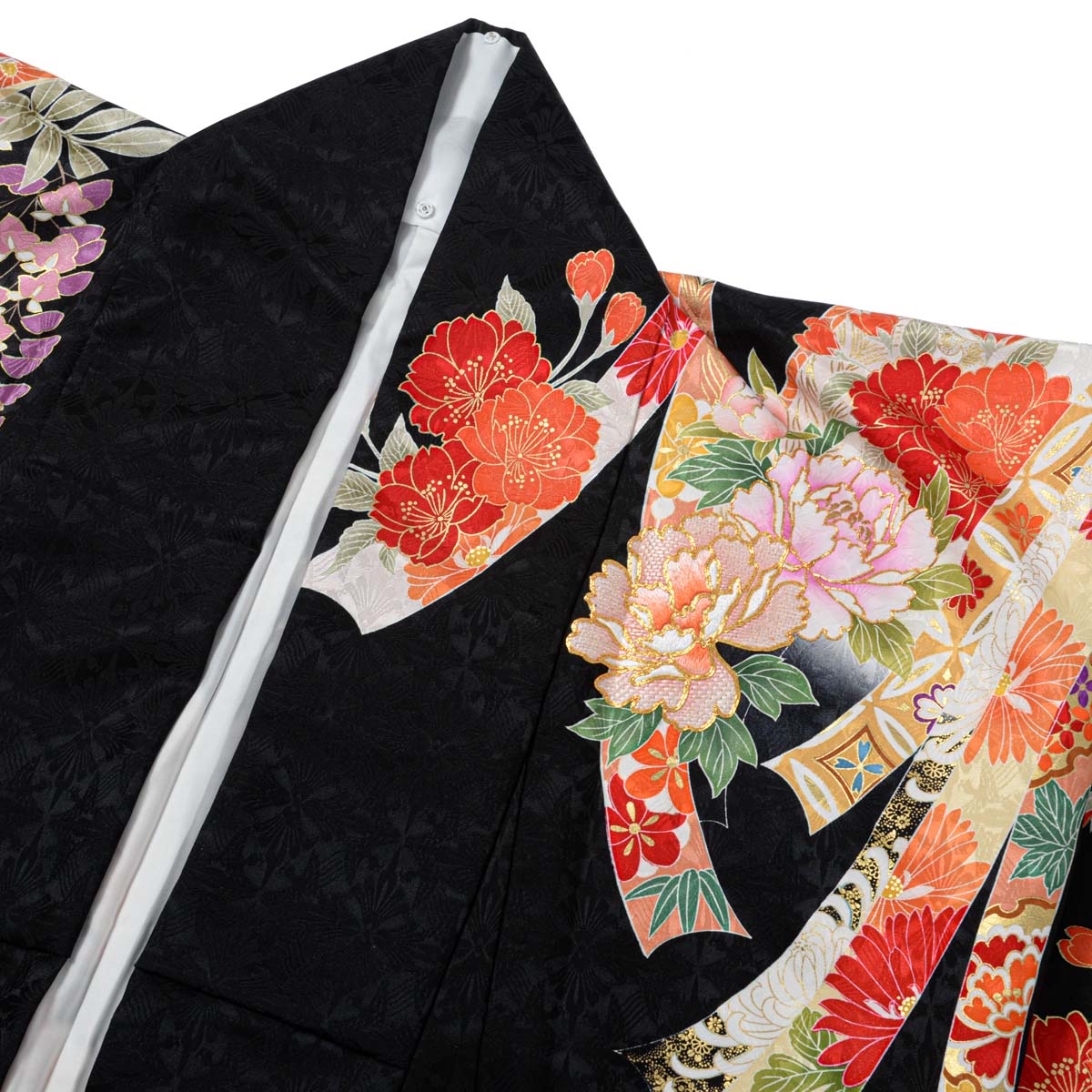 振袖： R2187相良刺繍 黒 牡丹と鶴に扇面熨斗