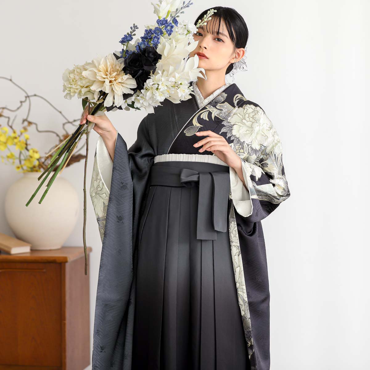 振袖袴： R2217グレー 牡丹に熨斗│ 袴レンタル │ 京都着物レンタル夢館