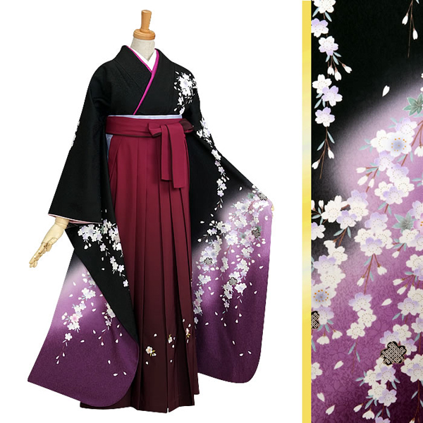 振袖袴： R244 黒紫ぼかし しだれ桜に短冊(絹)│ 袴レンタル │ 京都 