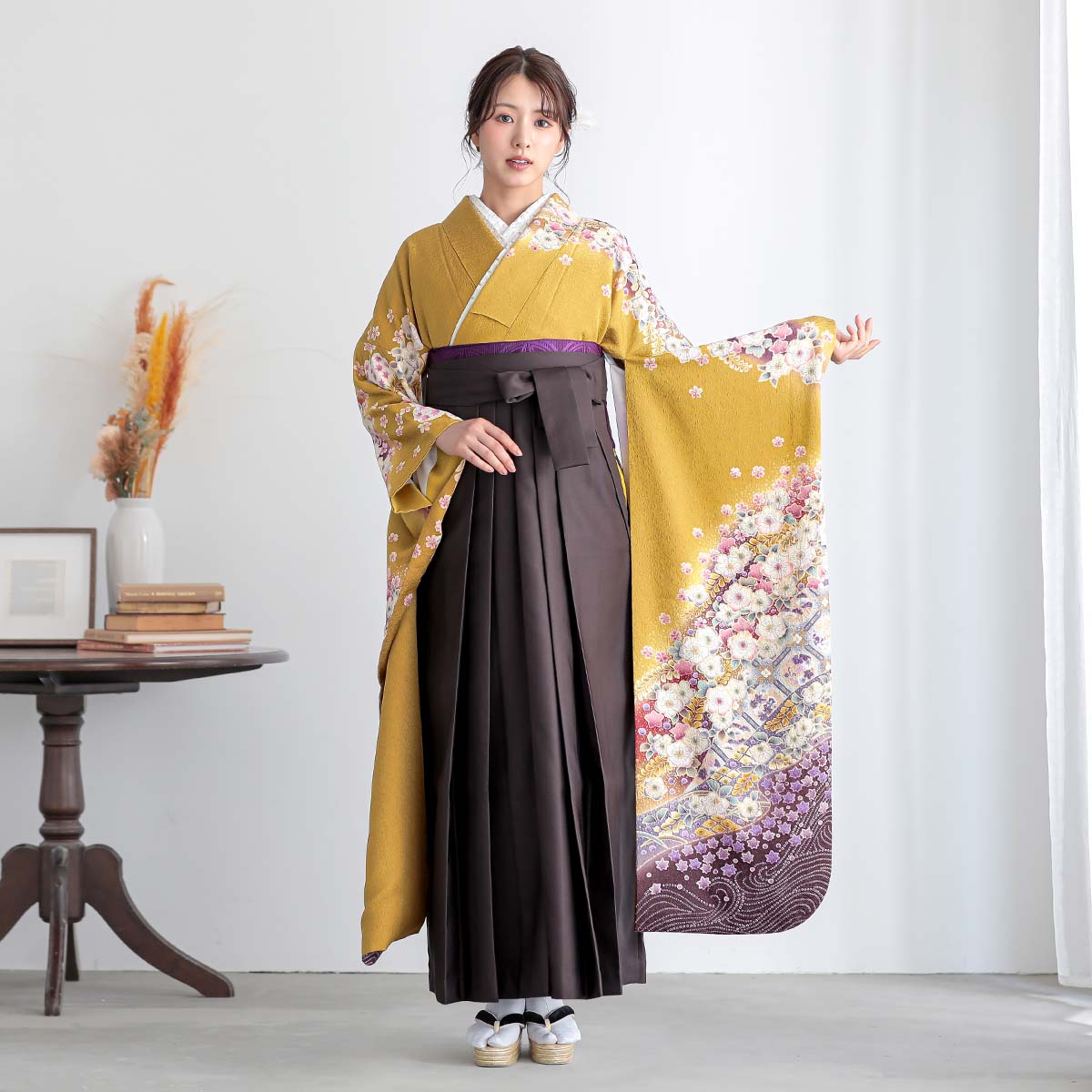 振袖袴： R284 からし色 辻が花風☆(絹)│ 袴レンタル │ 京都着物 