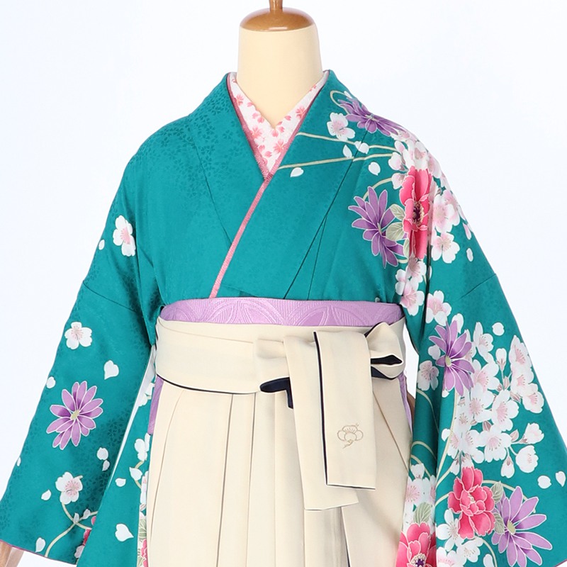 振袖袴: R294 エメラルドグリーン パープル 桜ブーケ│ 袴 振袖袴: R294 エメラルドグリーン パープル 桜ブーケ│ 袴