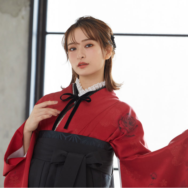振袖袴： R479 赤 真紅のモダンローズ☆(絹)│ 袴レンタル
