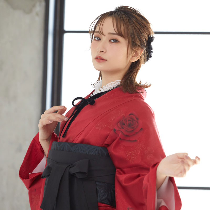 振袖袴： R479 赤 真紅のモダンローズ☆(絹)│ 袴レンタル