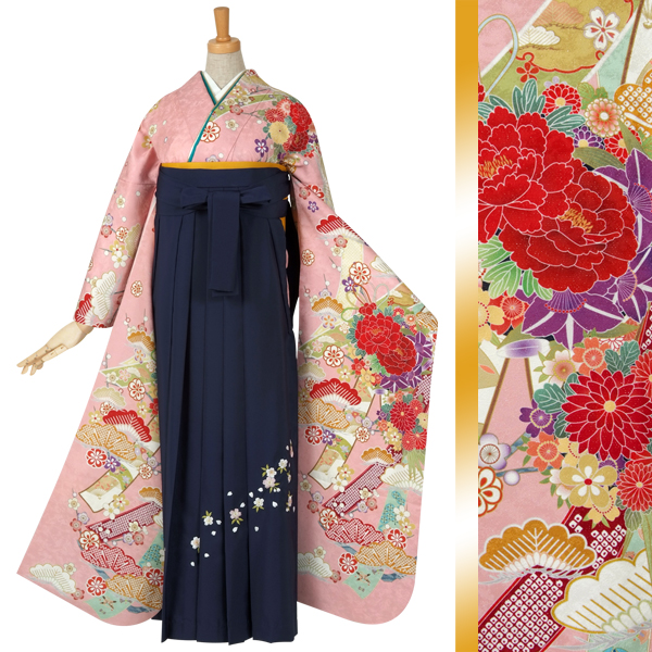 振袖袴： R495 ピンク 古典 花くす玉に熨斗☆(絹)│ 袴レンタル