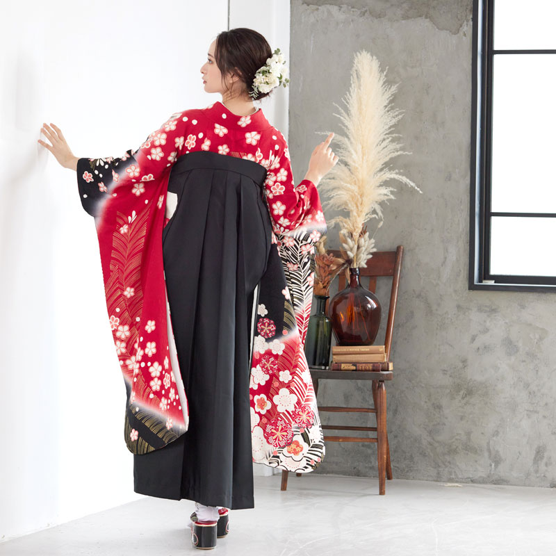 振袖袴： R540 赤黒 絞り梅に松☆(絹)│ 袴レンタル │ 京都着物