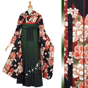 【よしあき】【帯セット】振袖 身長143-158cm 黒 bk-036 振袖袴： R648 黒 矢羽根に牡丹│ 袴レンタル │ 京都着物レンタル夢館