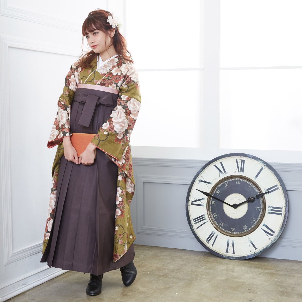 振袖袴： R650 モスグリーン 桜浪漫│ 袴レンタル │ 京都着物レンタル夢館