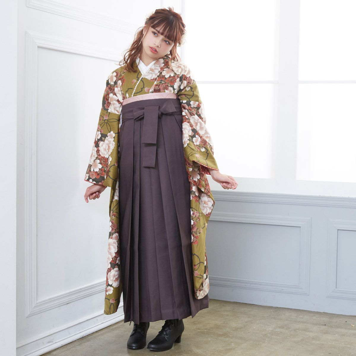 振袖袴： R650 モスグリーン 桜浪漫│ 袴レンタル │ 京都着物レンタル夢館