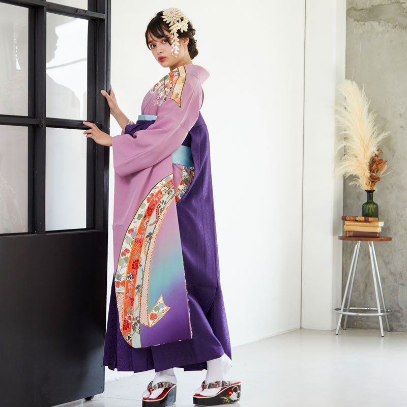 【期間限定値下げ】振袖 //裄67.5 袖丈76.5//二尺袖 卒業式 袴にも 振袖袴： R676 藤色 枝桜に熨斗目文☆(絹)│ 袴レンタル │ 京都着物