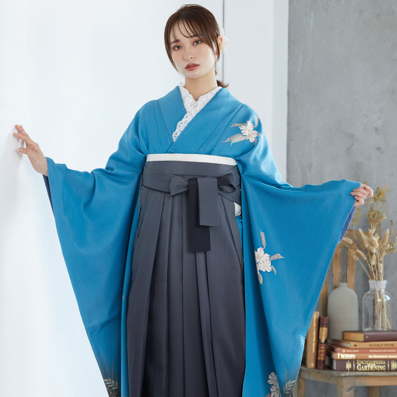 振袖袴： R680 ブルー シャクナゲ☆(絹)(宅)│ 袴レンタル │ 京都着物