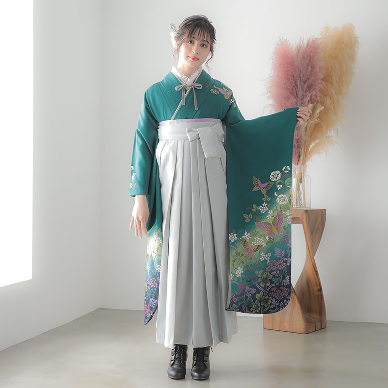 振袖袴： R682 青緑 蝶と蔓草花☆(絹)│ 袴レンタル │ 京都着物