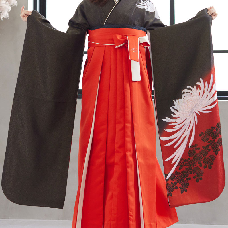 振袖袴： R754 黒赤 白菊☆(絹)│ 袴レンタル │ 京都着物
