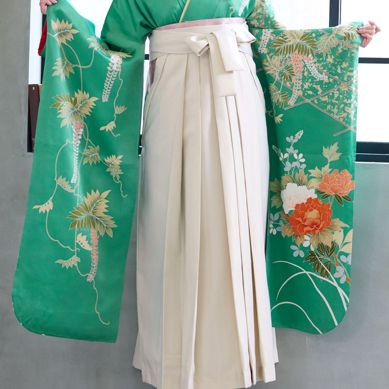 振袖袴： R770 緑 緑風牡丹に四季花☆(絹)(袴）│ 袴レンタル