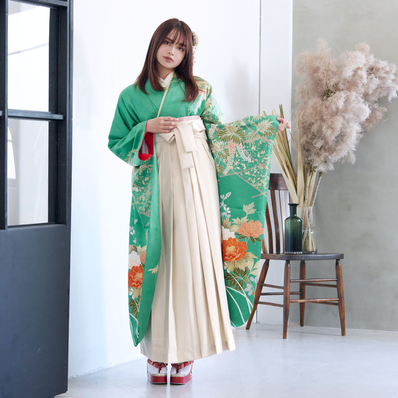振袖袴： R770 緑 緑風牡丹に四季花☆(絹)(袴）│ 袴レンタル