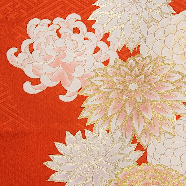 振袖袴： R876 朱色 絢爛菊華☆(絹)│ 袴レンタル │ 京都着物レンタル夢館