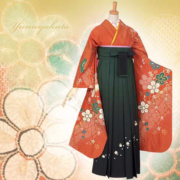 振袖袴: R878 朱色 絞り松梅☆(絹)│ 袴レンタル │ 京都着物 振袖袴: R878 朱色 絞り松梅☆(絹)│ 袴レンタル │ 京都着物