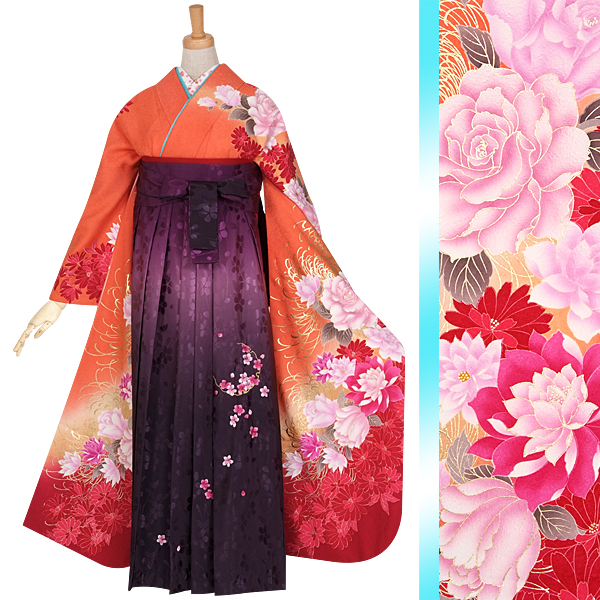 振袖袴： R902 オレンジ 薔薇と乱菊☆(絹)│ 袴レンタル │ 京都着物