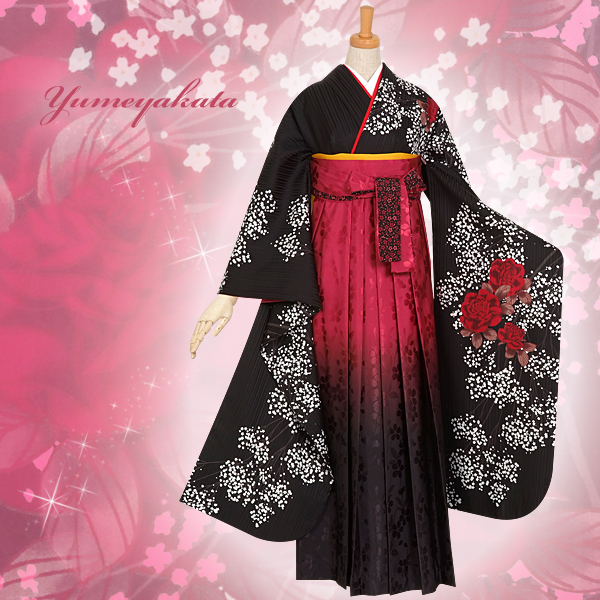振袖袴： R957 【訳あり】黒 深紅の薔薇とかすみ草(R183)☆袴(宅