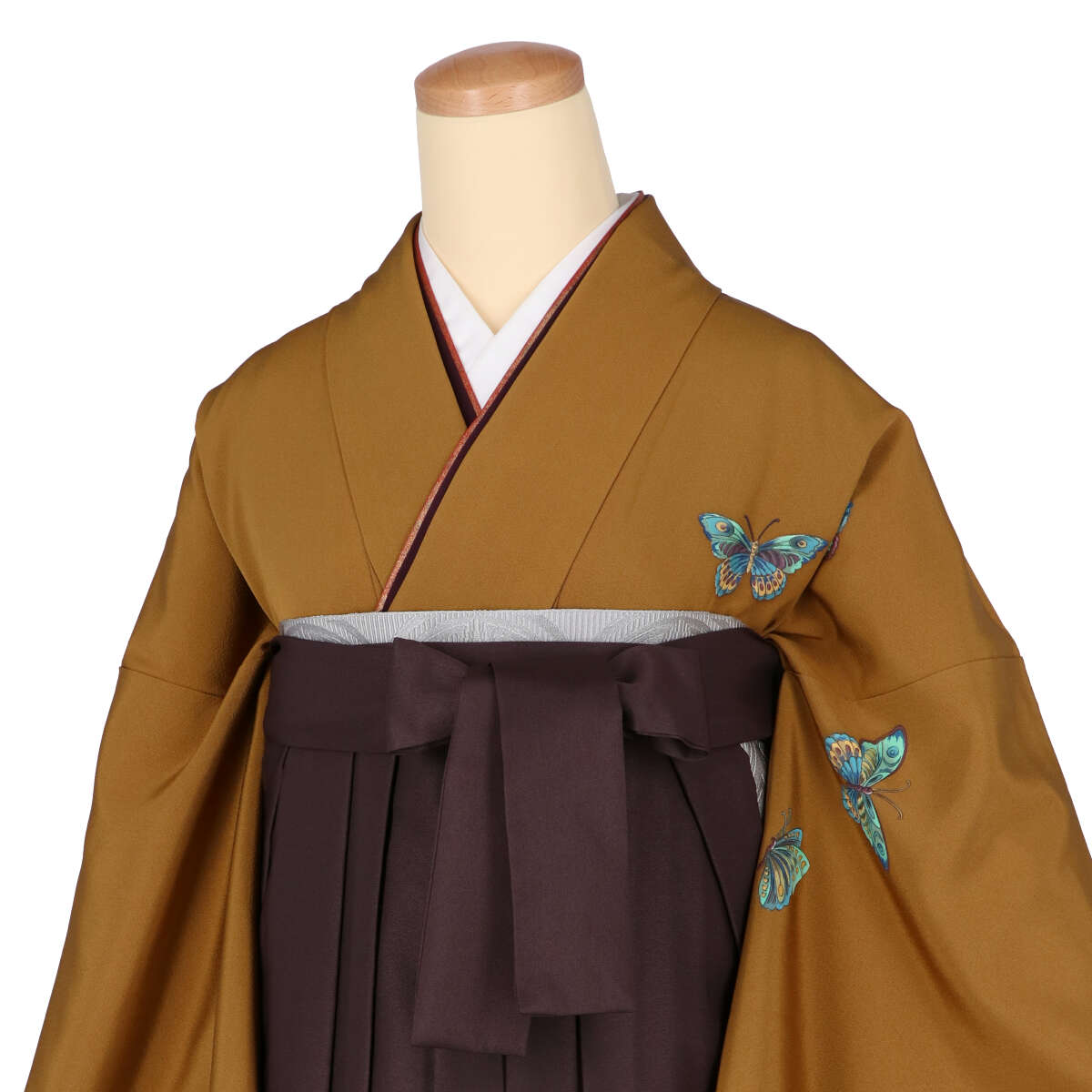 日蓮正宗 袴 鶯茶色 先生袴：H1126 金茶 抹茶ぼかし あげは蝶に花々│ 袴レンタル │ 京都