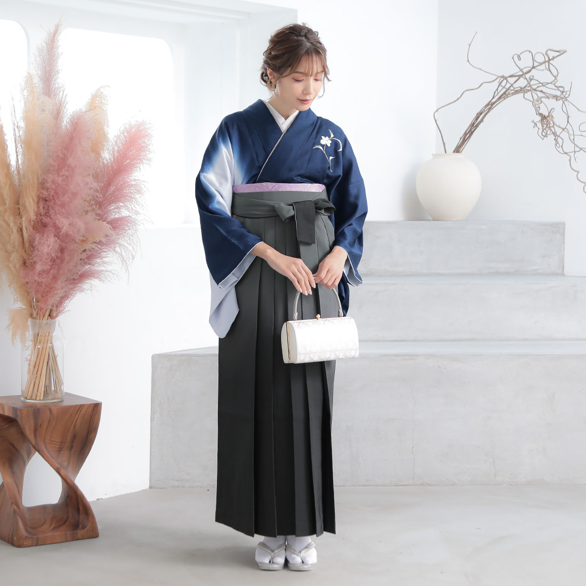 先生袴：H1285 紺×グレー 野葡萄│ 袴レンタル │ 京都着物レンタル夢館