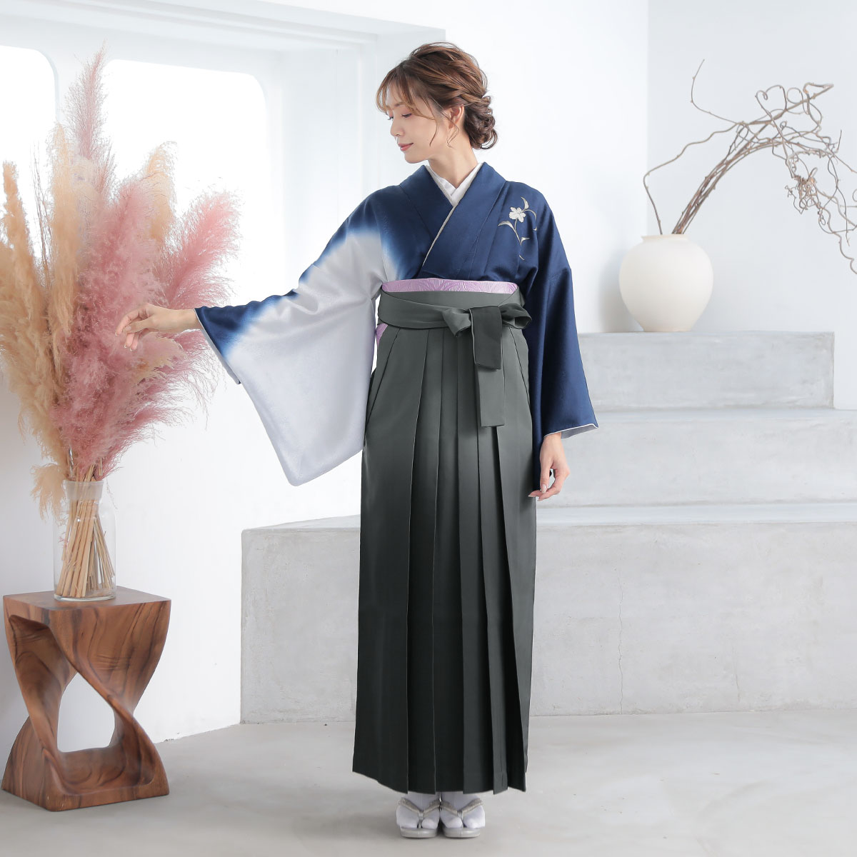 先生袴：H1285 紺×グレー 野葡萄│ 袴レンタル │ 京都着物レンタル夢館