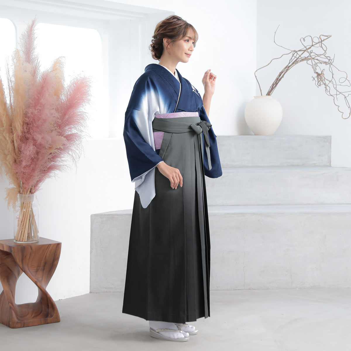 袴 L 紺 先生袴：H1285 紺×グレー 野葡萄│ 袴レンタル │ 京都着物レンタル夢館
